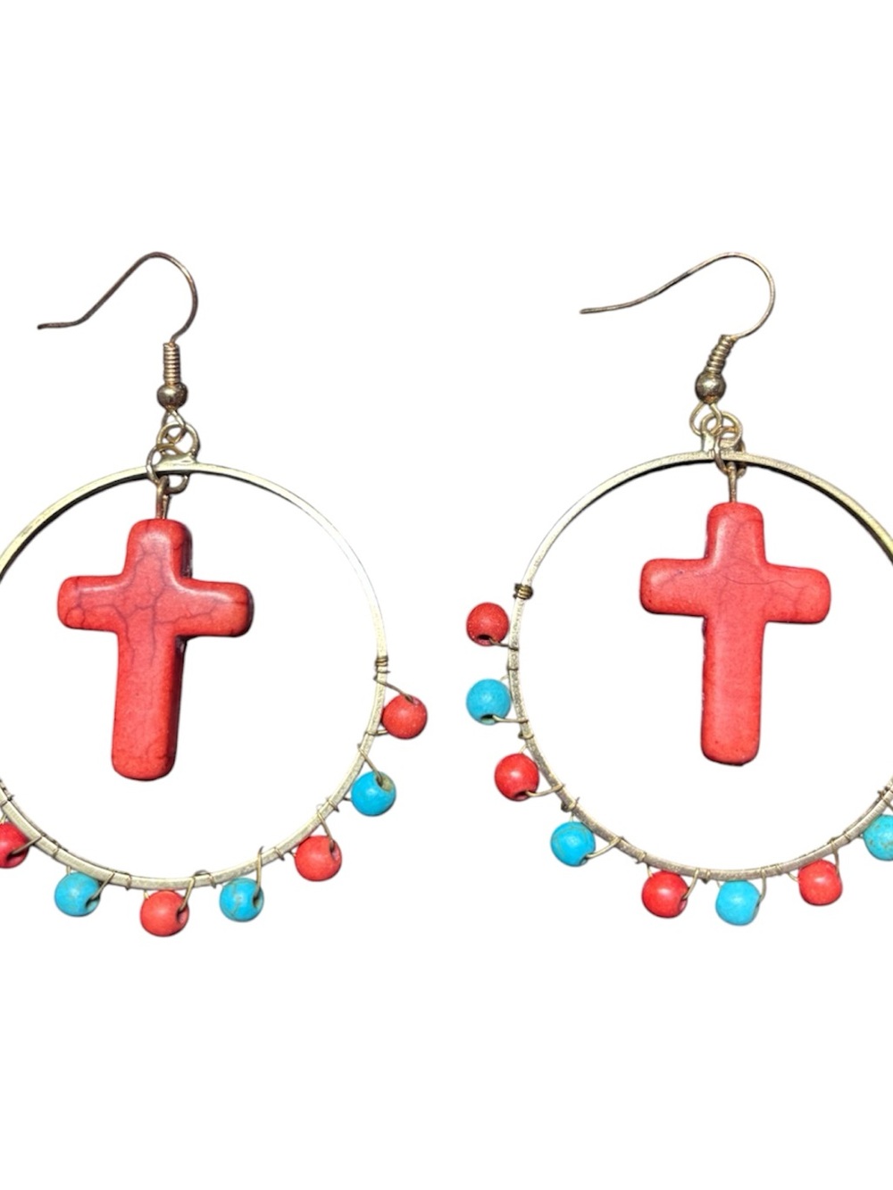Red Cross Hoop Earrings with Turquoise Beads - Women Jewelry